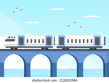View of Train on Mountain or Sea in Flat Poster Illustration Background
