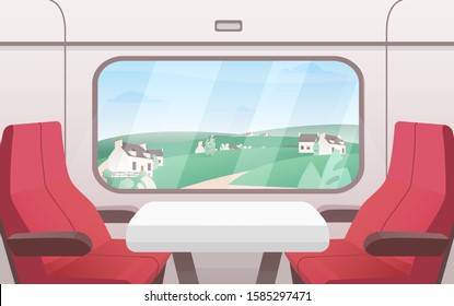 View From Train Window Flat Vector Illustration. Modern Railway Carriage Interior With Comfortable Red Chairs And Small Coffee Table. Train Compartment. Transportation, Travelling, Road.