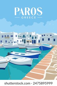 The view travel on paros greece, with beatiful building city and boat wonderful