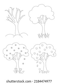 View of the tree at different times of the year. Black and white. Vector coloring page.