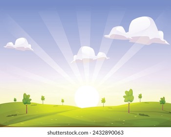 View of the tree garden with bright sunlight and green land brightness 
cartoon style