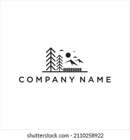 árbol de vista Montaña montaña línea naturaleza de bosque simple logo Vector plantilla color negro 