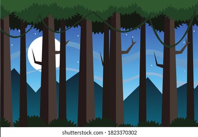 View of trees in forest with blue  mountain and the moon on blue sky.landscape illustration.