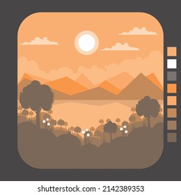 
vistas a los árboles y montañas al atardecer