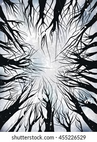 View up trees without leaves. black on white. vector illustration outline. Winter