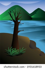 A view of trees without leaves and ocean with mountains in the background
