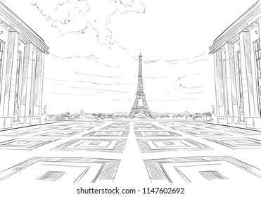 View from Trocadero to the Eiffel Tower vector sketch. Paris, France. Urban sketch. Hand drawn vector illustration
