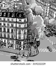 View of Tronchet street towards La Madeleine in Paris - Vector illustration