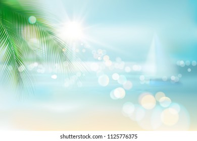 View of a tropical beach with palm tree and a sailboat. Vector Illustration. 