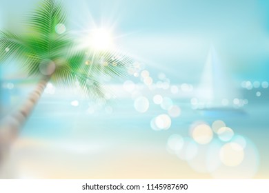 Vista de una playa tropical con palmeras y velero. Ilustración vectorial.