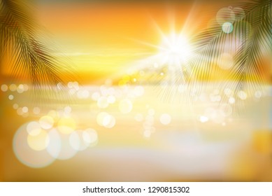 Vista de uma praia tropical com palmeiras. Ilustração de vetor. 