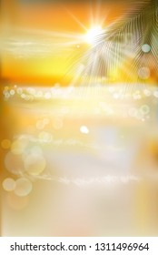 View of a tropical beach with palm trees. Sunrise. Vector Illustration.