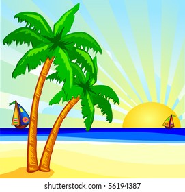 A view of tropical beach with palm trees, vector