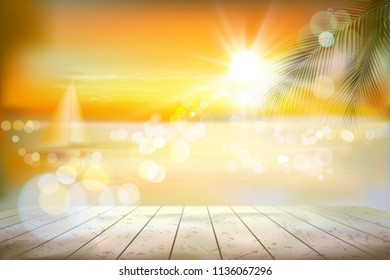 View of a tropical beach with a sailboat. Sunrise. Vector Illustration. 