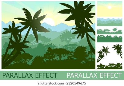 View of the tropical mountains. Palm trees and morning sunrise with rays. set of slides create parallax image layer. Cartoon style. Isolated on white background. Vector.