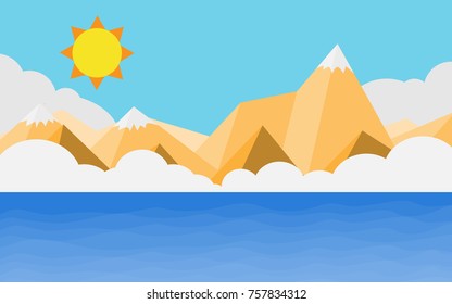 View of the tropical ocean sea side with mountain range far away, cloud and sun in summer day time for summer tropical relaxing vacation wallpaper