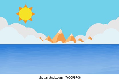 View of the tropical ocean sea side with mountain range far away, cloud and sun in summer day time for summer tropical relaxing vacation wallpaper