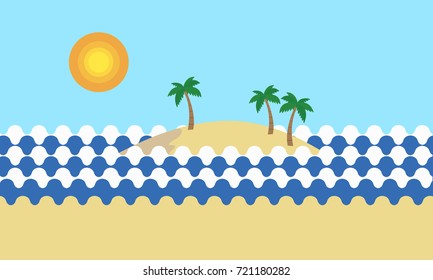 View of a tropical sandy beach with green palm trees on the sea shore with an island with hills and mountains covered palm trees under a summer blue sky with sun - vector