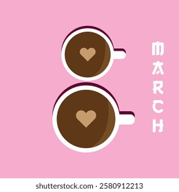 View of two cups of coffee with milk. Background for women's day, March 8. World Women's Day concept.