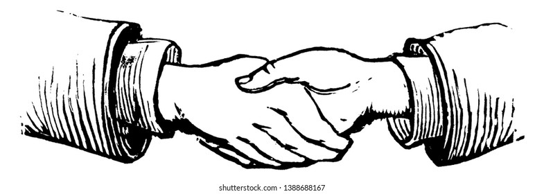 A view of two people shaking hands, vintage line drawing or engraving illustration.