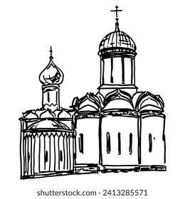 View of two Russian orthodox temples. The Trinity Lavra of St. Sergius. Troitskaya Laura. Churches of Zagorsk Monastery. Hand drawn linear doodle rough sketch. Black and white silhouette.