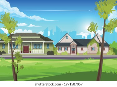 View of two suburban country houses with thin trees in the foreground flat vector illustration