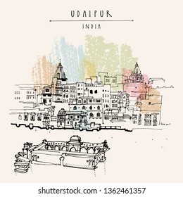 View of Udaipur, Rajasthan, India. Hand drawn cityscape sketch. Travel art. Vintage artistic vector postcard