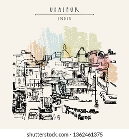 View of Udaipur, Rajasthan, India. Hand drawn cityscape sketch. Travel art. Vintage artistic postcard