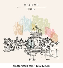 View of Udaipur, Rajasthan, India. Hand drawn cityscape sketch. Travel art. Vintage artistic vector postcard