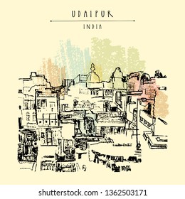 View of Udaipur, Rajasthan, India. Hand drawn cityscape sketch. Travel art. Vintage artistic postcard