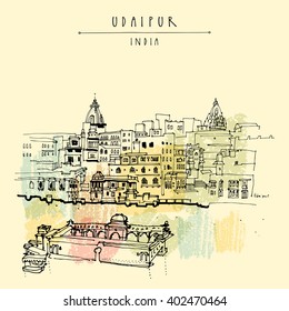 View of Udaipur, Rajasthan, India. Hand drawn cityscape sketch. Travel art. Vintage artistic postcard template. Vector illustration