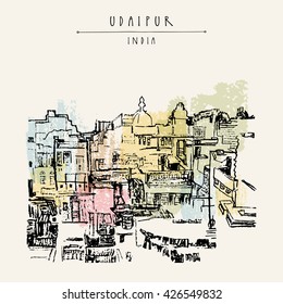 View of Udaipur, Rajasthan, India. Hand drawn cityscape sketch. Travel art. Vintage artistic postcard template. Vector illustration