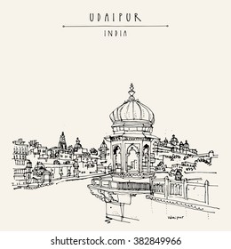 View of Udaipur, Rajasthan, India. Hindu temple, ghat. Hand drawn cityscape sketch. Travel art. Vintage artistic postcard template. Vector illustration