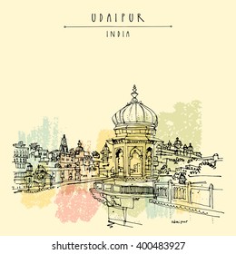 View of Udaipur, Rajasthan, India. Hindu temple, ghat. Hand drawn cityscape sketch. Travel art. Vintage artistic postcard template. Vector illustration