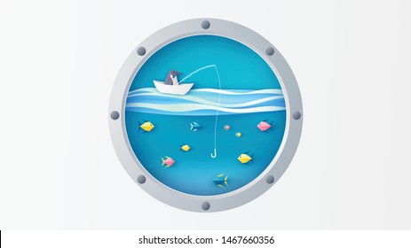 View of the underwater world through the porthole of Submarine see penguin sitting on boat are fishing. paper cut and craft style. vector, illustration.