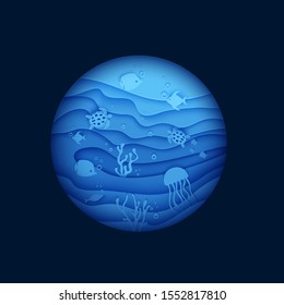 View of the underwater world through the porthole of a submarine in paper cut style. Vector butterfly fish jellyfish moonfish turtle. Paper craft underwater ocean diving concept deep blue marine life