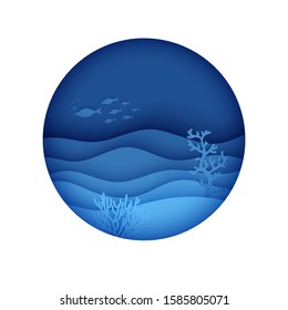 View of the underwater world through the porthole of a submarine in paper cut style. Vector papercut wave, tropical marine life in round frame. Craft underwater ocean diving concept. World Ocean Day.