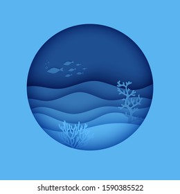 View of the underwater world through the porthole of a submarine in paper cut style. Vector papercut wave, tropical marine life in round frame. Craft underwater ocean diving concept. World Ocean Day.