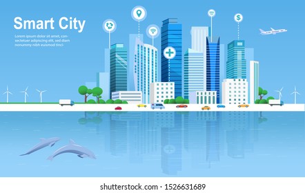 View of Urban landscape with infographic elements. Smart city. Modern city. Concept website template. Vector illustration. - Vector