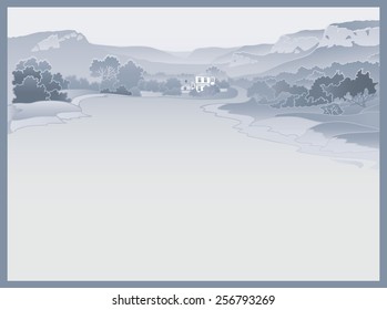 View of the valley with a wide road and the manor