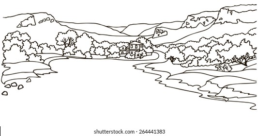 View of the valley with a wide road and the manor. Line graphics