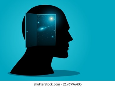 View of the vastness of outer space seen through from the opened door in human head, imagination, open the knowledge, vector illustration