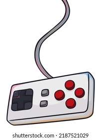 View of a video game controller hanging from its cord. Design in cartoon style over white background.