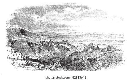 View of village at Granada, Andalusia, Spain vintage engraving. Old engraved illustration of countryside view of Granada,1890s. Trousset encyclopedia (1886 - 1891).