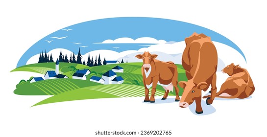 a view of the village in the middle of a green meadow. Agriculture and farming. Pets. Cows Vector flat illustration