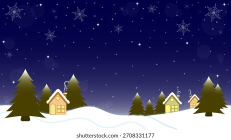 View Of Village And Pine Forest On A Snowy Day With Falling Snowflakes On A Winter Night