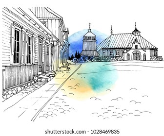 View of the village square in Eastern Europe. Romantic landscape the old village. Black and white hand drawn line sketch on watercolor background