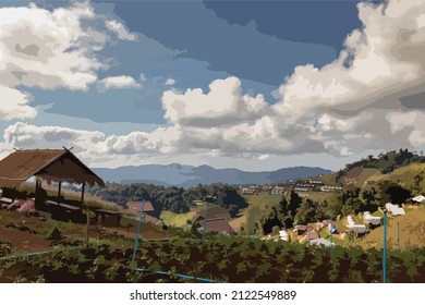 view of the village from the top of the mountain with beautiful sky