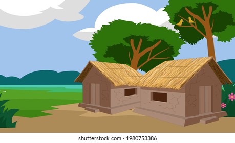 View of a village with two huts - illustration