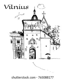 View of Vilnius, Lithuania with the Gate of Dawn. Hand drawn sketchy style ink and pen vector illustration with lettering inscription. For postcard design, tourism, travel guidebook, coloring book.